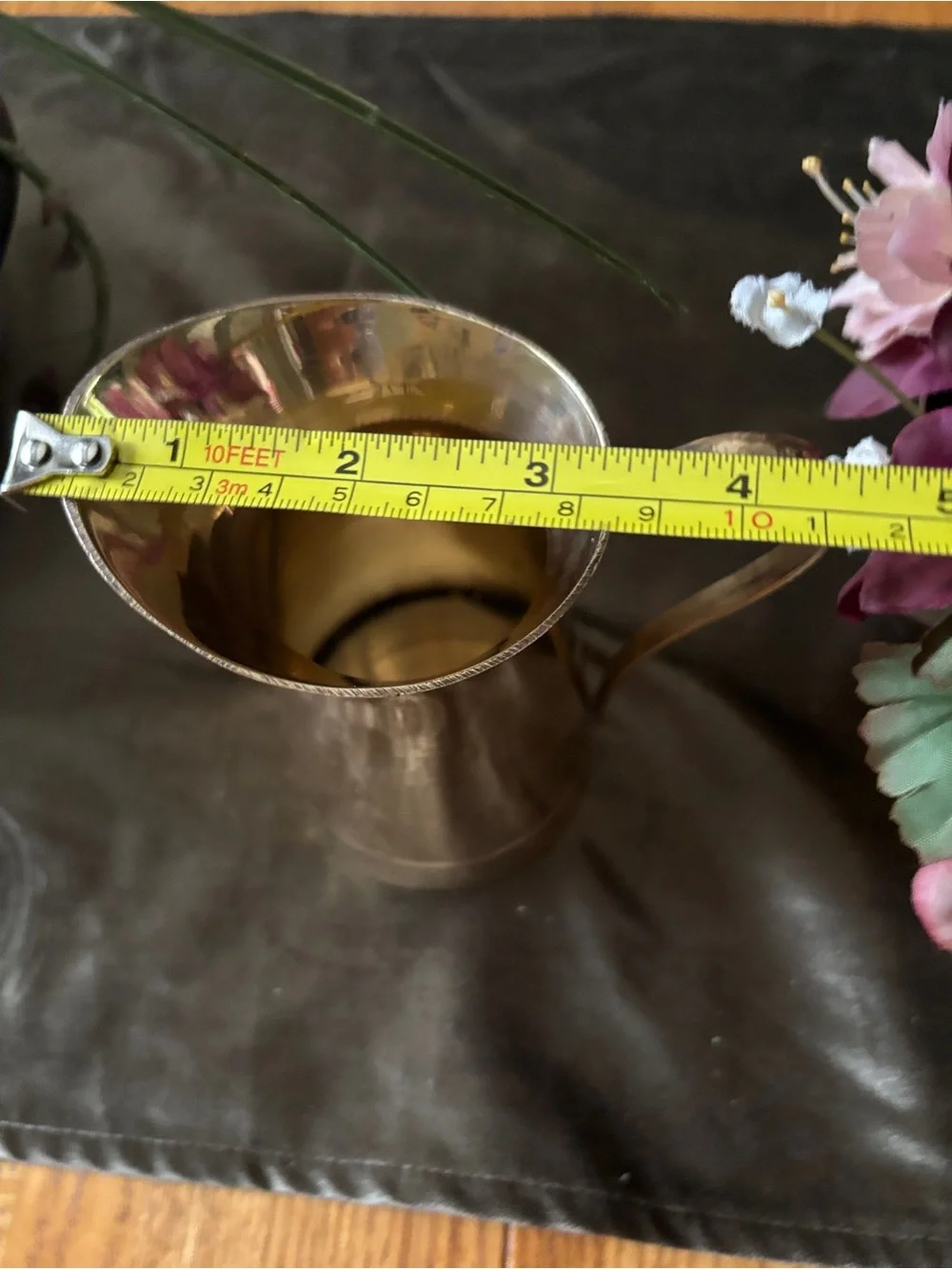 Brass Candle Holder with Floral Arrangement with Burgundy Candle - Brass Pithcer
